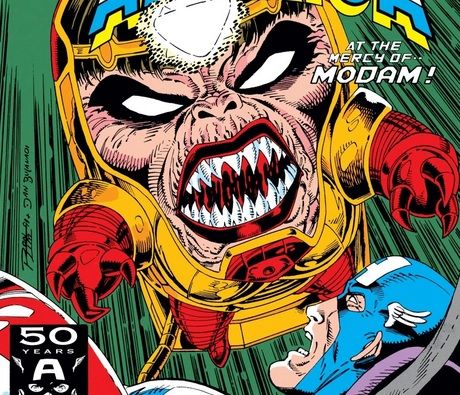 A part of the cover of Captain America #387. M.O.D.A.M., a giant armored head with shrunken limbs, attacks Captain America.