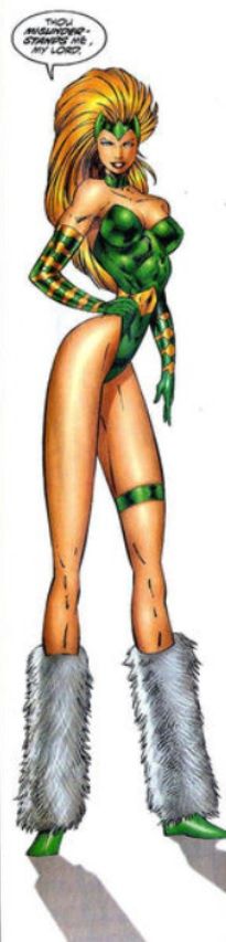 An image of the Enchantress with disturbingly long legs with fur leg warmers