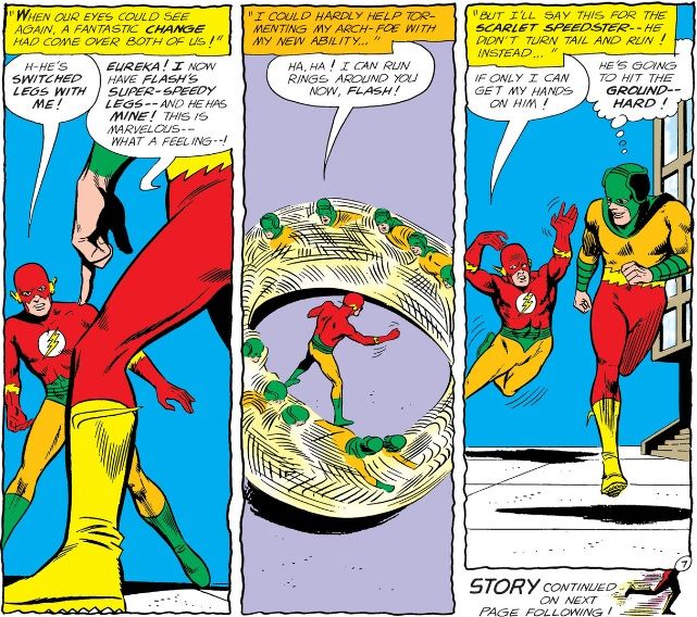 The Mirror Master, having switched legs with the Flash, runs literal rings around him as the Flash falls to the ground.