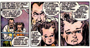 Panels from Green Lantern #83. Dinah: Who are you? What hold do you have over the children...and the staff? Why is Jason Belmore so terrified? Grandy: Who am I...? Let me think...you can say I'm a person who wants order! I despise messiness...and nothing is as disordered as the average school! Panel 3: Closeup on Grandy and Sybil. Grandy: For years, I couldn't change the situation here...until I found dear Sybil wandering alone through the woods! I took her in...cared for her! And she's grateful - devoted to me! Panel 4: Closeup on Sybil. Grandy's hand is in her hair. Grandy: She's talented, Sybil is! She can control things - and people - with her mind! Birds...branches...bricks...and especially other children! Oh, she's a wonder, is my darling Sybil!