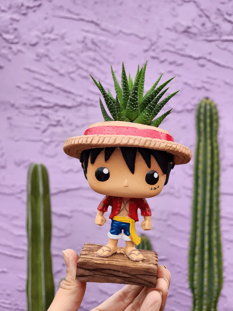 Photo of a planter shaped like Luffy, the plant is coming out from the top of his hat.