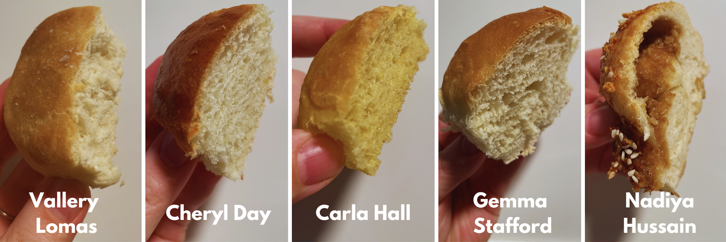 Five close-ups of rolls sliced in half to show interior, with names of each cookbook author, in order of Vallery Lomas (light and dense), Cheryl Day (golden crust and fluffy interior), Carla Day (lightly orange and somewhat flat), Gemma Stafford (light golden top and fluffy interior), and Nadiya Hussain (messy on the inside and out with a big gap where filling should have been)