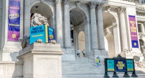 a photo of New York Public Library with Freedom to Read banners