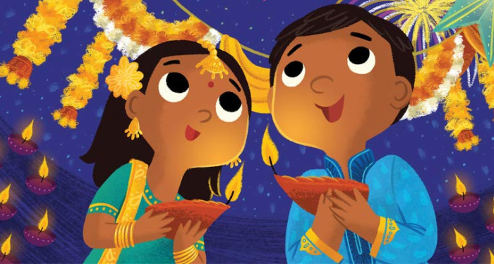 A cropped cover of Shubh Diwali showing an illustration of two kids with brown skin looking up at Diwali decorations with awe