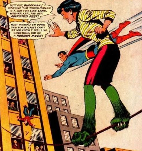 Lois Lane balances on a highway between buildings as she tells Superman to let her save a falling man. Her legs have been transformed into green cat's legs.