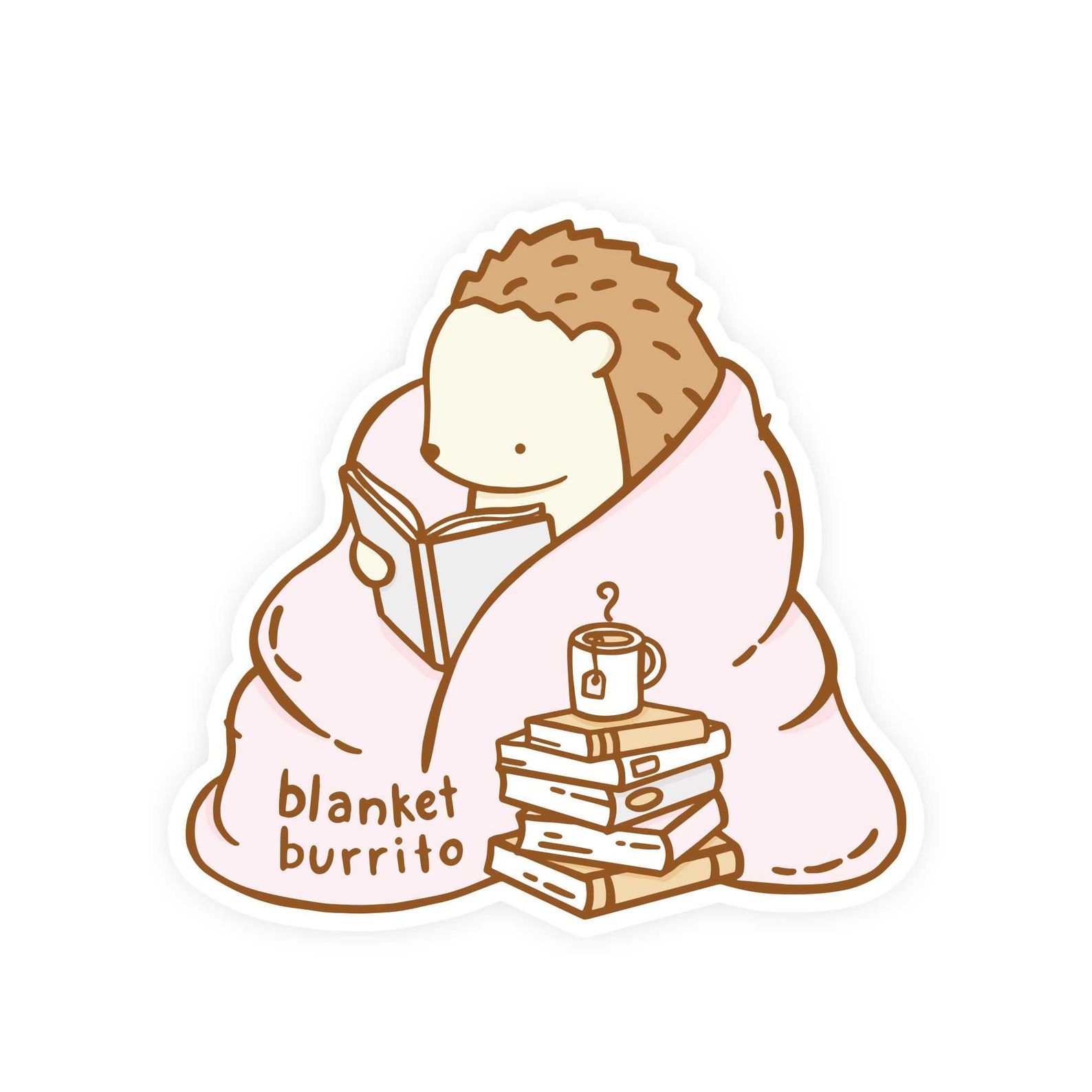 a vinyl sticker of a hedgehog wrapped in a blanket reading a book and drinking tea