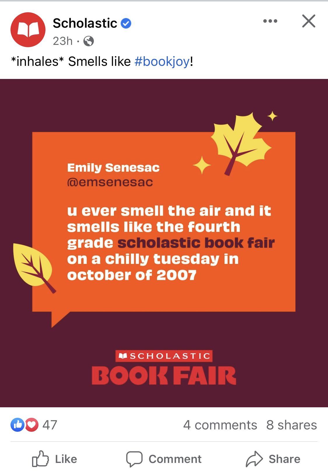 scholastic facebook post from october 15 about book fair nostalgia. 