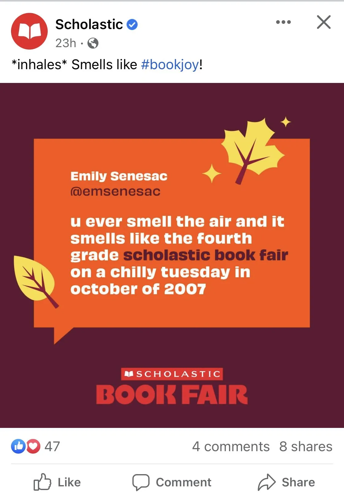 scholastic facebook post from october 15 about book fair nostalgia. 