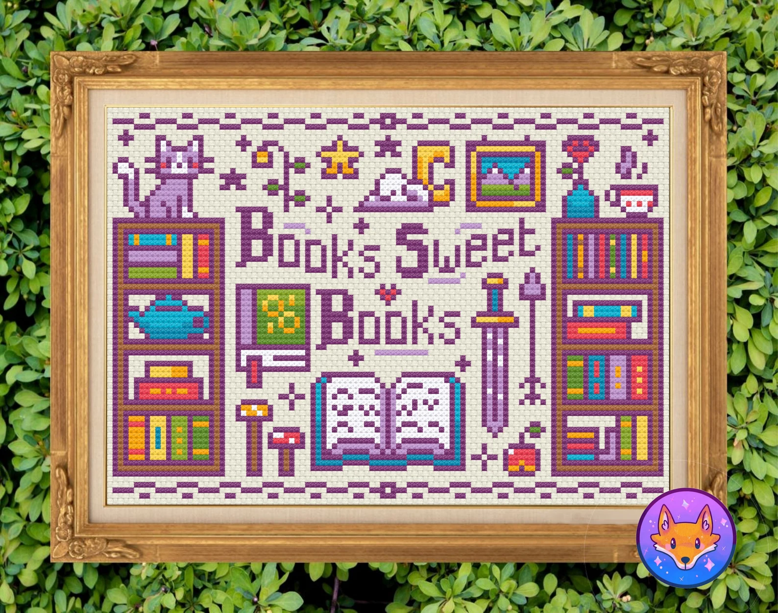 Image of a cross stitch pattern with bookshelves and the words "books sweet books."