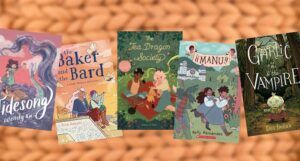 five covers of middle grade cozy fantasy comics against an orange blanket background