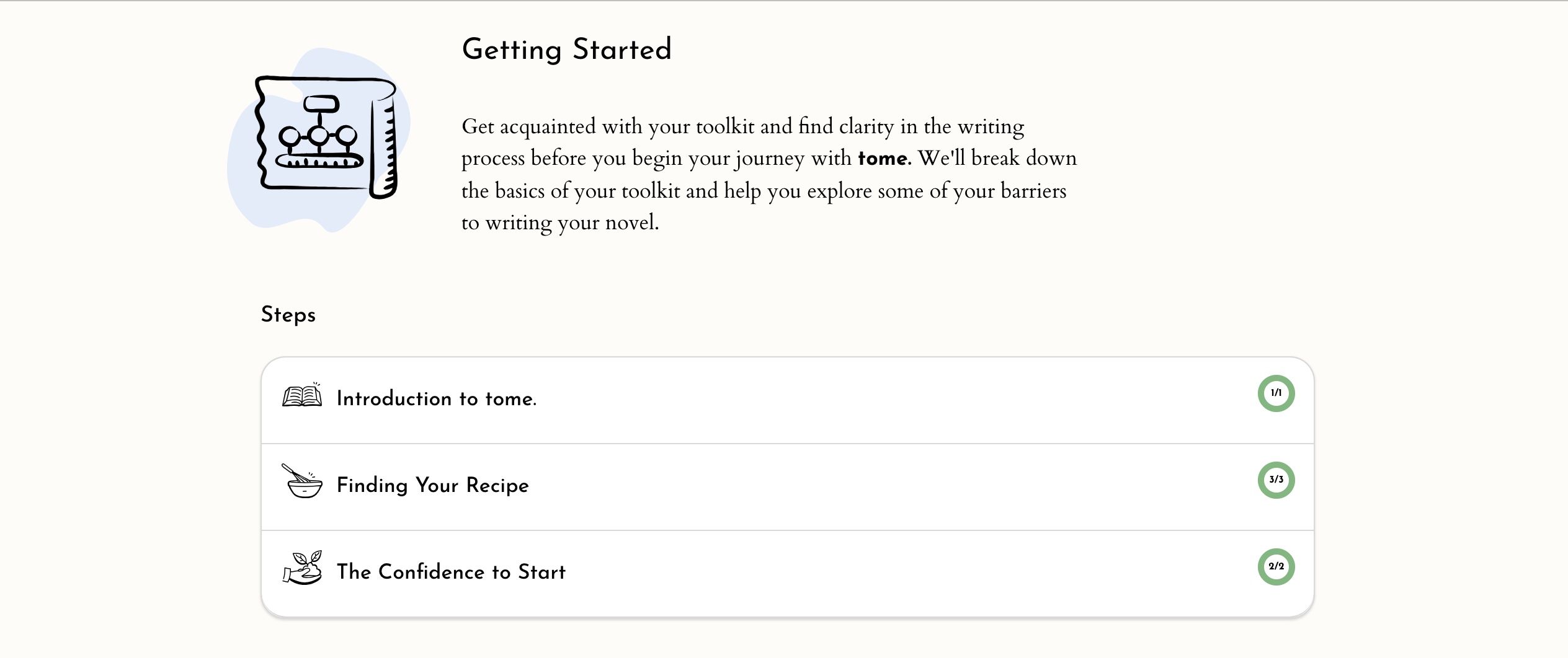 getting started tome. app screen