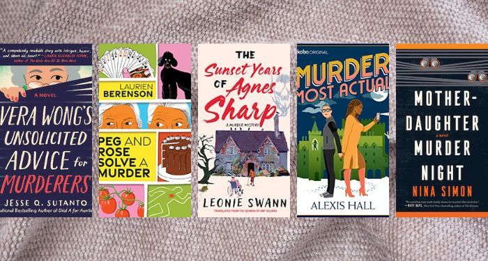 five covers of lighthearted murder mysteries against a taupe blanket background