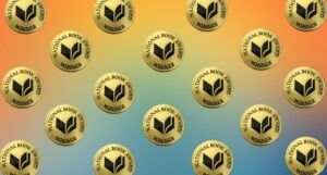 national book award winner medals against colorful gradient backgound