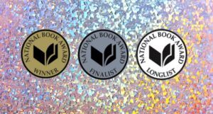 the National Book Award badges against a glittery background