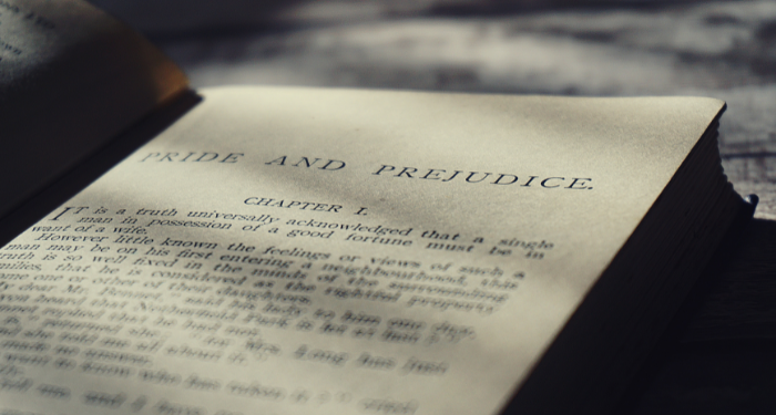 a close up of the first page of Pride and Prejudice