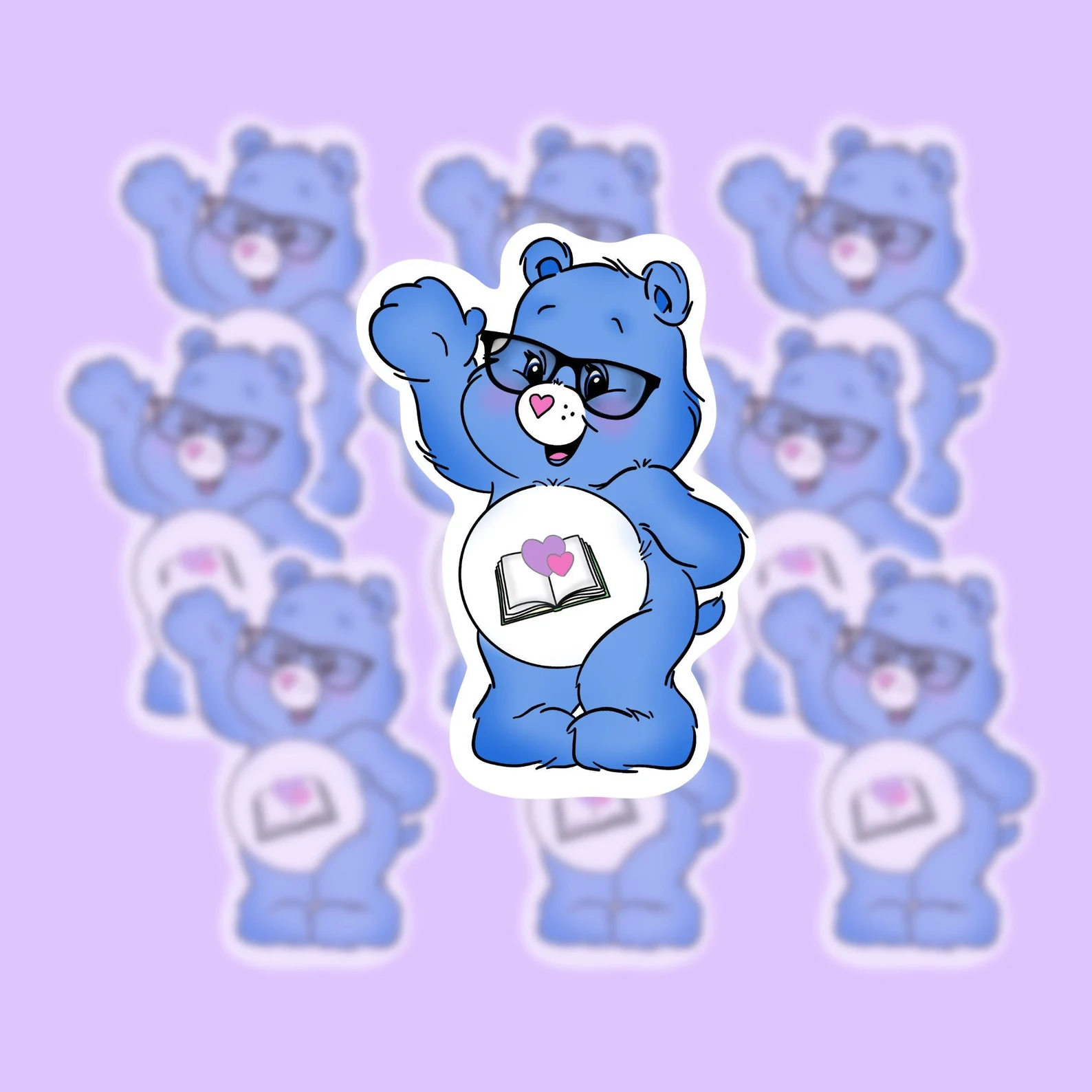 A care bears themed sticker with a book on the purple bear's belly. 