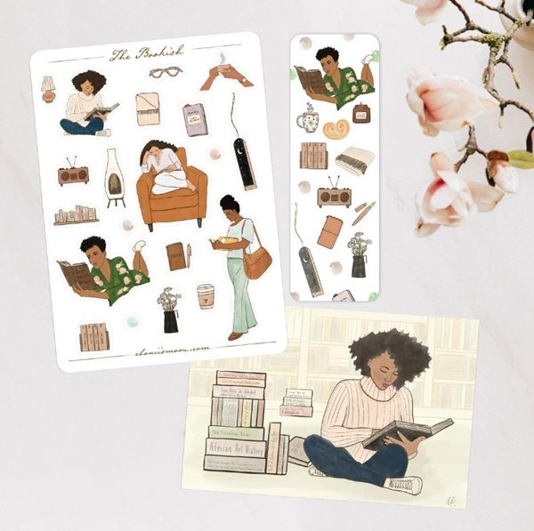 image of stickers featuring Black women reading books and cozy reading theme