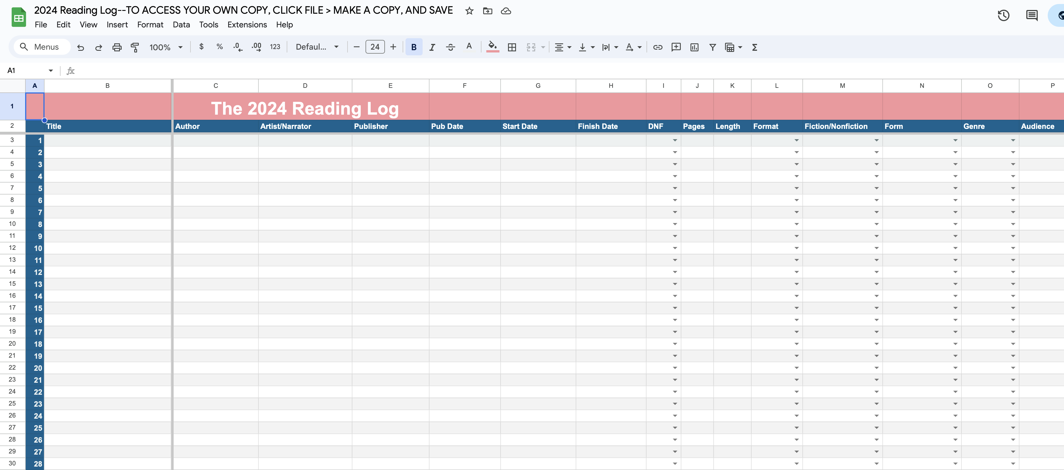 a screenshot of the 2024 reading log, a Google Sheets based spreadsheet for tracking reading