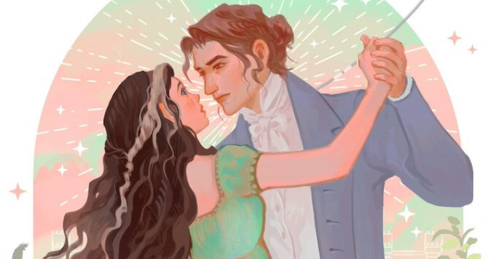 a cropped cover of A Fragile Enchantment, showing an illustration of two people dancing while looking into each other's eyes