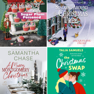 Audio book covers of Sugar Plum Poisoned by Jenn McKinlay, Stalking Around the Christmas Tree by Jacqueline Frost, A Merry Montgomery Christmas by Samantha Chase, The Christmas Swap by Talia Samuels