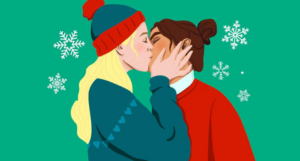 a cropped cover of The Christmas Swap showing an illustration of two women wearing sweaters kissing