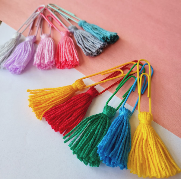 Multicolored paperclip bookmarks with yarn tassels