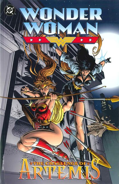 The cover of Wonder Woman: The Challenge of Artemis. Diana and Artemis are jumping off the roof of a building. Artemis is a white woman with long red hair in a high ponytail with center-parted bangs, the classic Wonder Woman costume, and is firing arrows at the reader. Diana is wearing a black bra, black bike shorts, and a denim jacket.