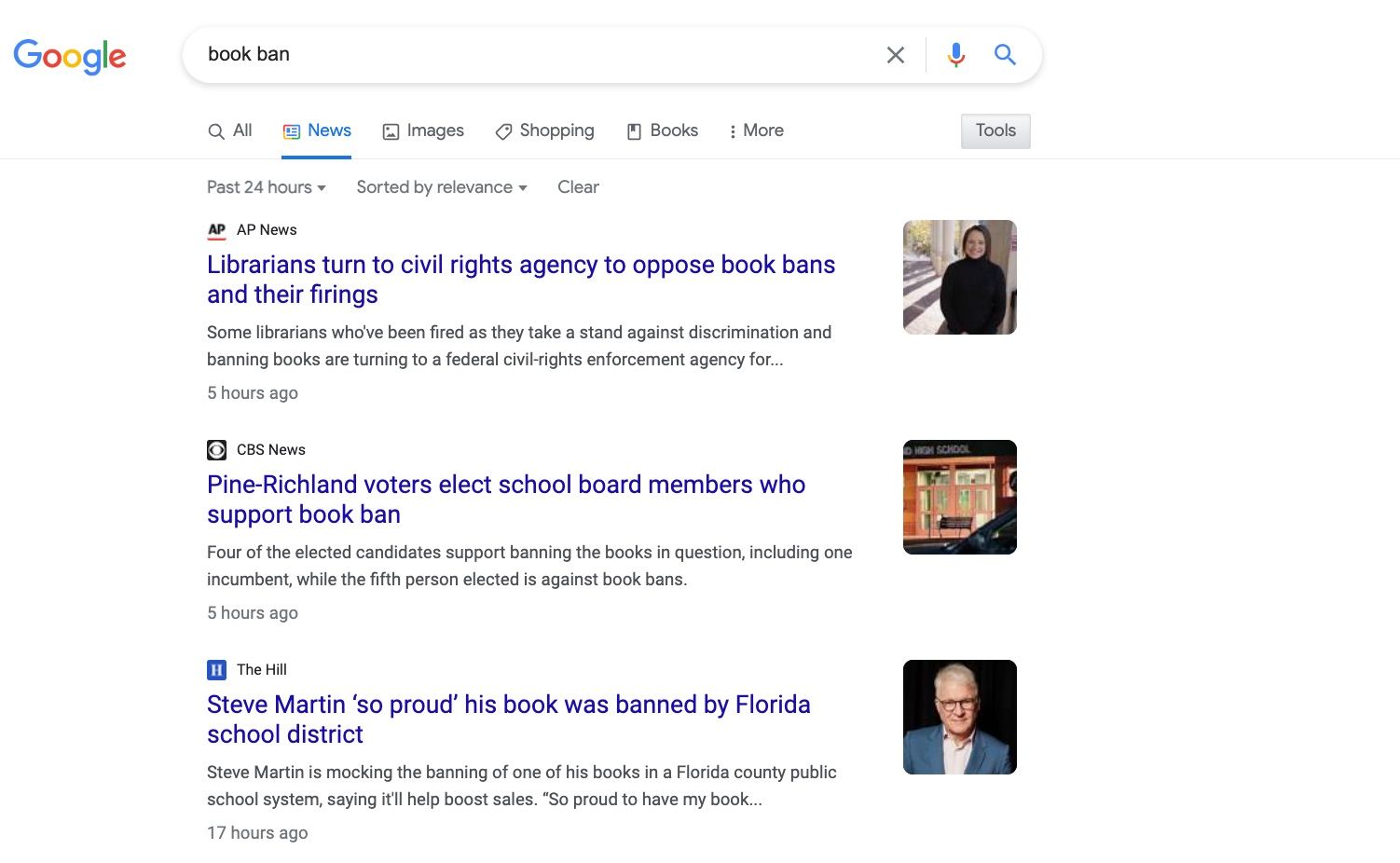 Google search for "book ban" with several stories about Steve Martin.