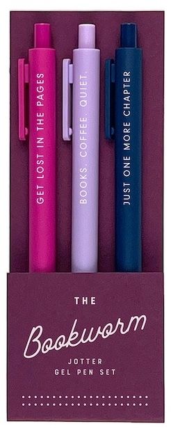 three pens in pink, lavender, and purple that say, "Set lost in the pages," "books, coffee, quiet" and "Just one more chapter"