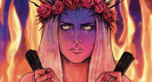 a cropped cover of The Vampire Slayer Vol 4 showing Buffy with a crown of roses and thorns, holding stakes with blood dripping down her hands