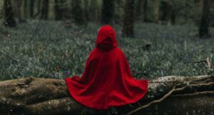 person sitting on a log in a forest wearing a red cape