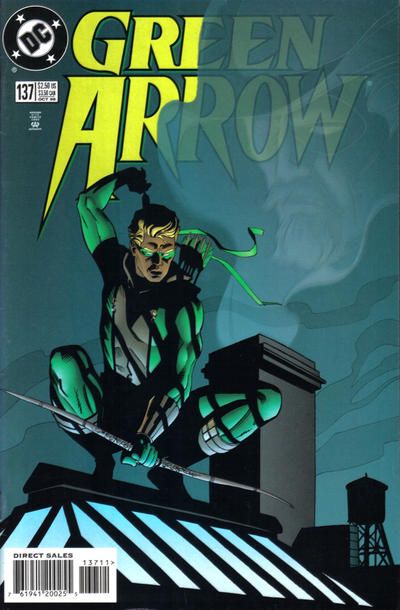 The cover of Green Arrow #137. Connor Hawke is squatting on a roof, his bow in one hand, reaching for an arrow from his quiver with the other. He is a mixed-race man with medium brown skin and blond hair, in a green and brown costume. The smoke from the chimney behind him is forming the shape of Oliver Queen's face.