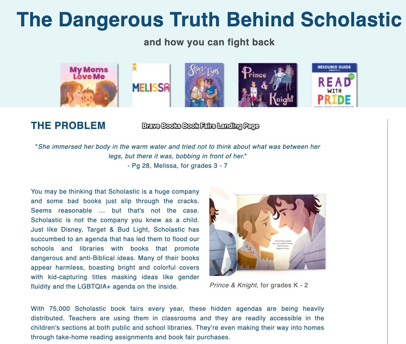 Screen shot of Brave Books's book fair landing page talking at length about the dangers of scholastic. 
