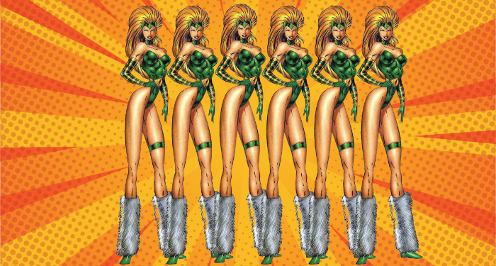 a repeating image of the Enchantress with disturbingly long legs with fur leg warmers