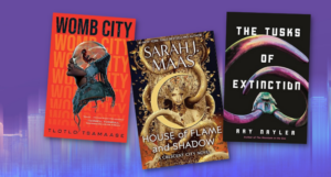 a collage of the three of the new sff book covers listed