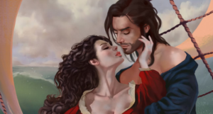 a cropped cover of To Ravish a Rogue, showing an illustration of a man and woman about to kiss on a ship