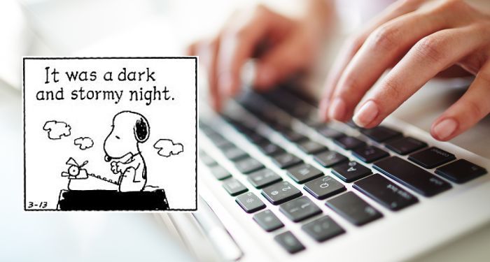 a Peanuts comic panel of Snoopy working at his typewriter with text off to the side that reads "It was a dark and stormy night." In the background is an image of hands typing on a laptop