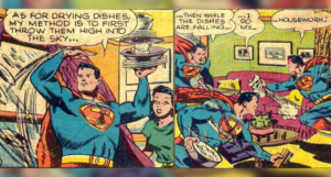 two panels of Superman using his powers to dry the dishes and do housework