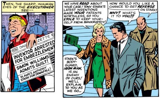 A newsboy hawks a paper about how Simon Williams blames Tony Stark for his own embezzling activities. The Enchantress and the Executioner approach a recalcitrant Williams with an offer to help him get revenge.