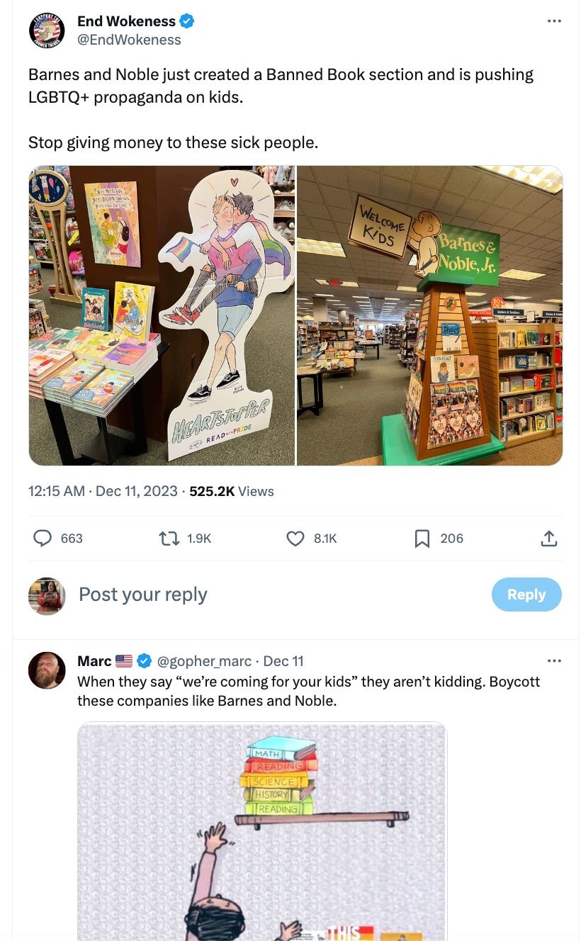 Screen shot of an X post claiming Barnes & Noble pushes an LGBTQ+ propaganda on kids. 