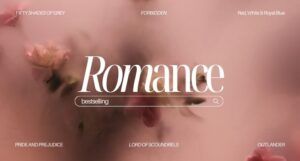 a romance-themed graphic with blurred roses and the names of different romance books. It's captioned "Romance; bestselling"