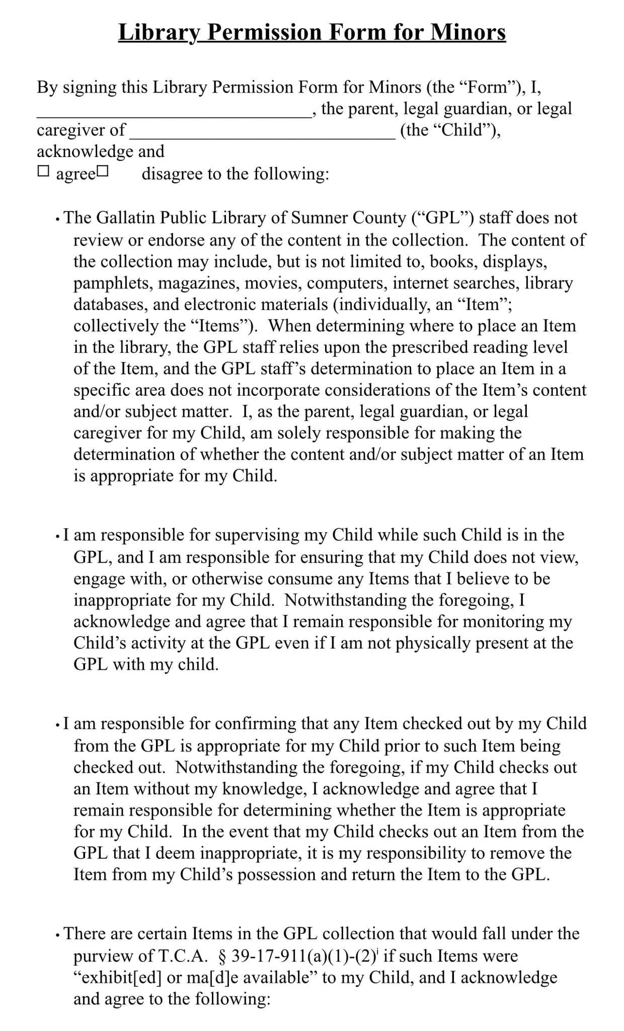 permission slip for minor library access, page 1. 
