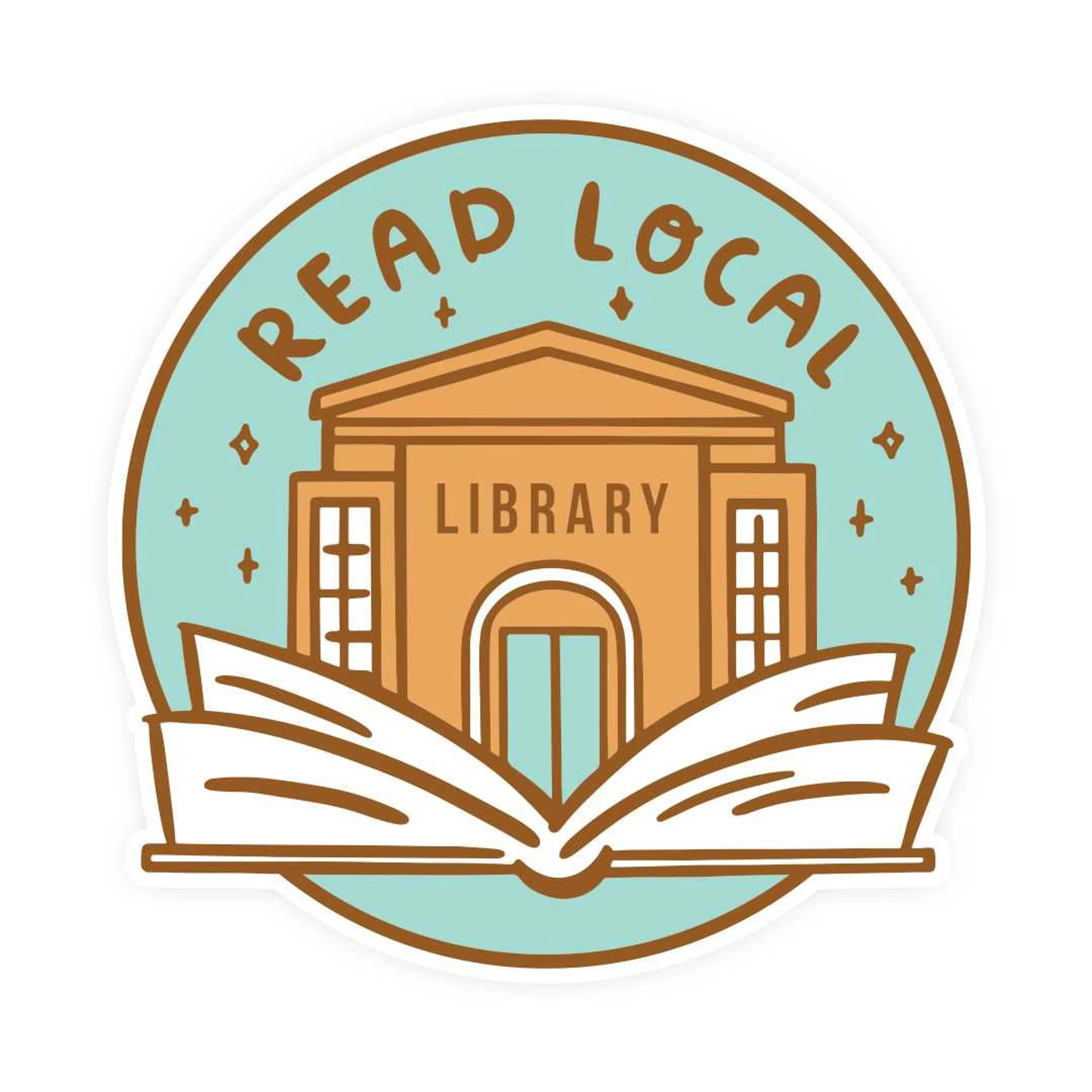 image of a sticker featuring a library with the text "read local."