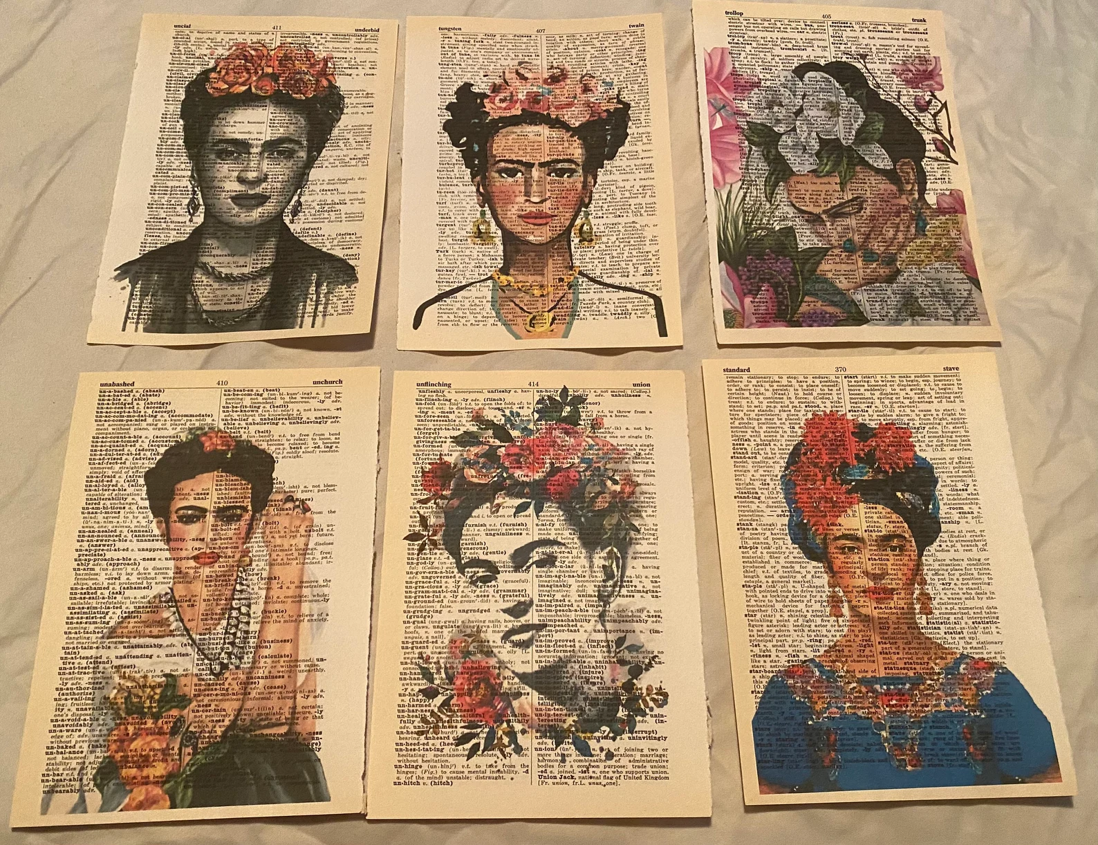 Frida Kahlo prints on dictionary paper