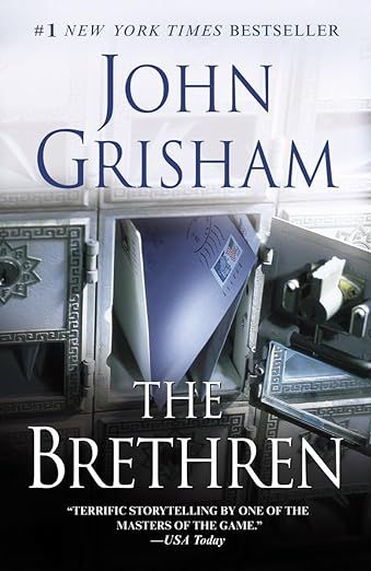 cover of The Brethren by John Grisham; photo of an open post office box with a letter in it