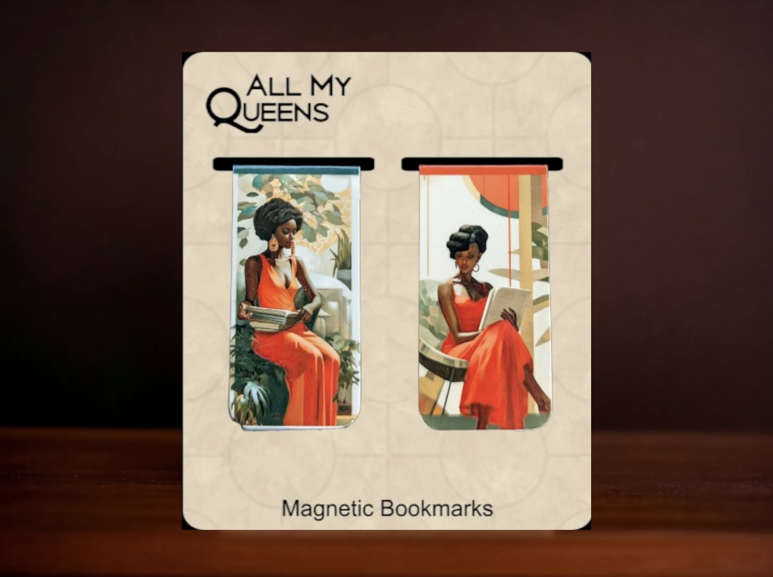 Two magnetic bookmarks with brown-skinned Black women reading on them