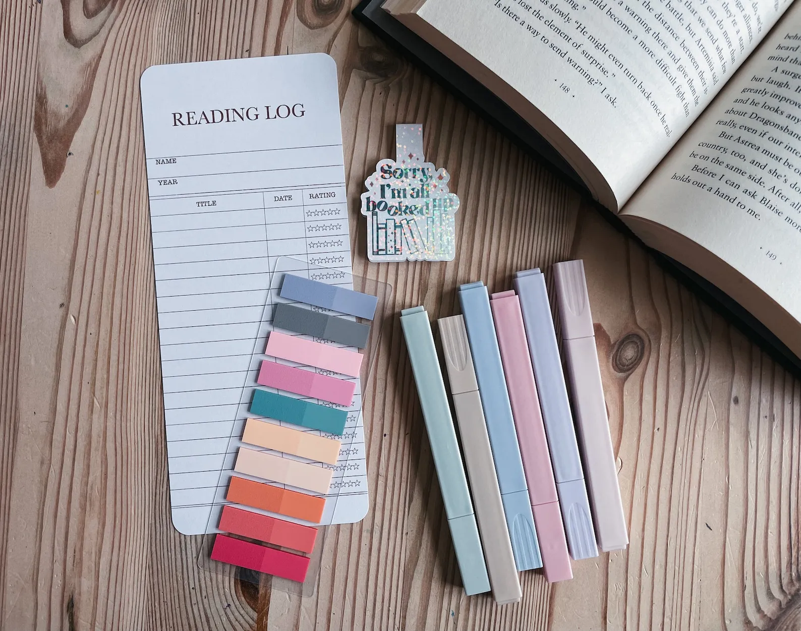 reading log bookmark, highlighter, flat, and a magnetic bookmark