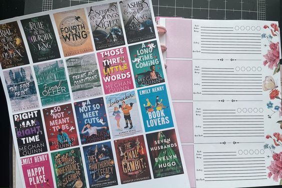 sheet of rectangular stickers of popular books covers. Titles include A LONG TIME COMING, FOURTH WING, HAPPY PLACE, and more.