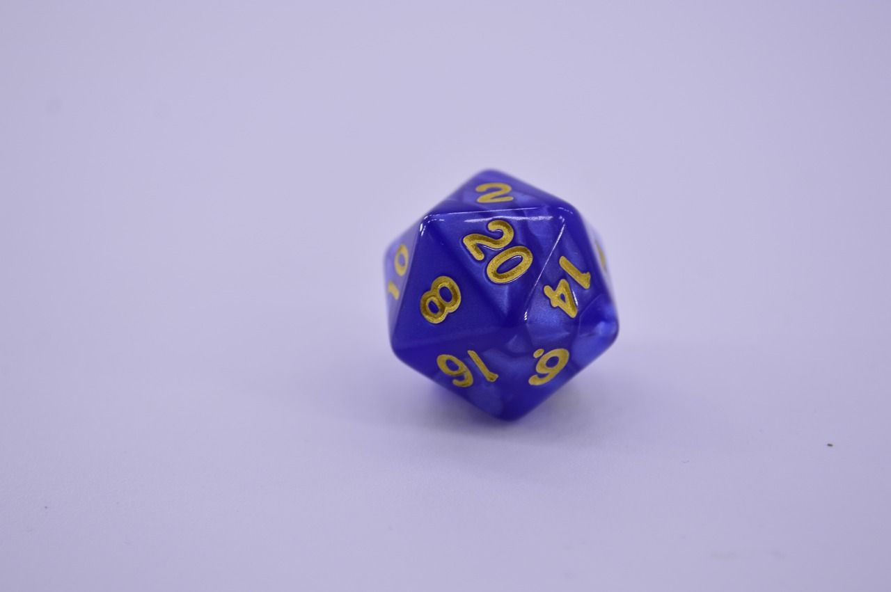 a d20 dice on a purple background. 