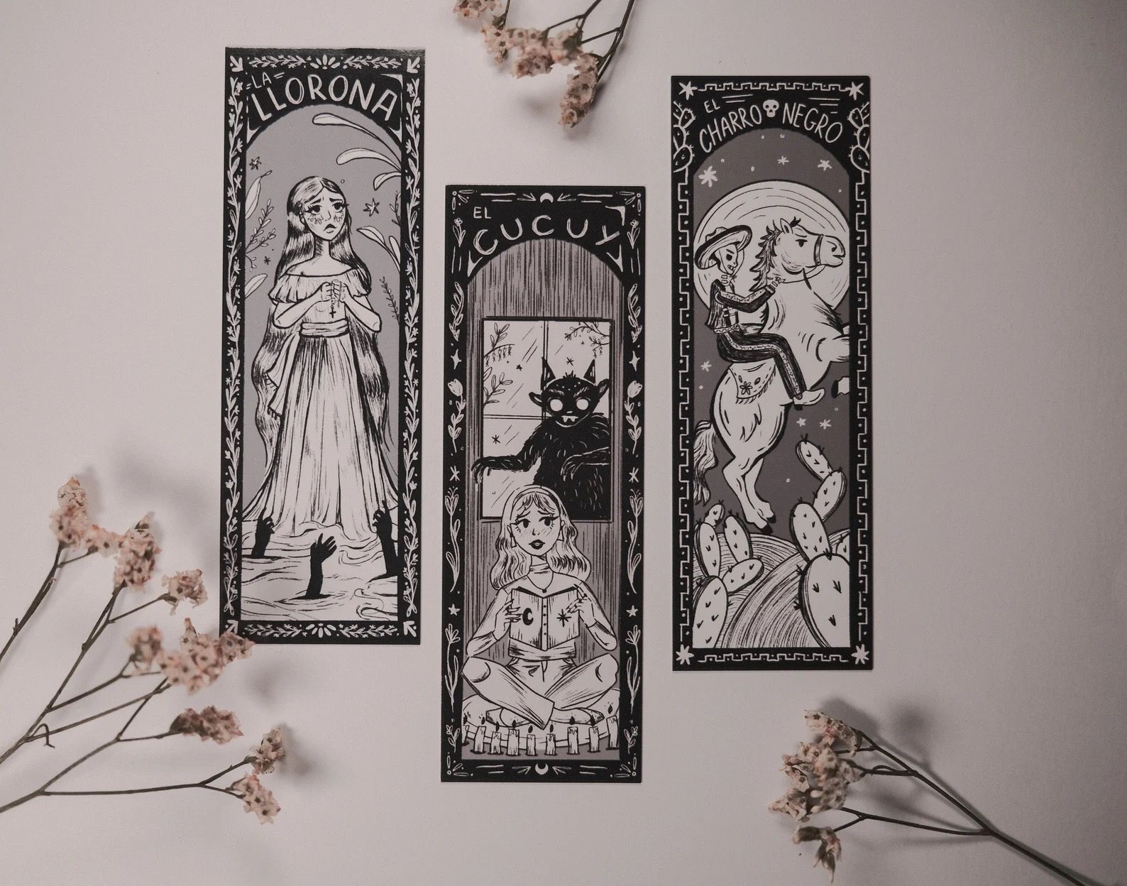 three bookmarks containing urban legends from Latine culture, including La Llorona 